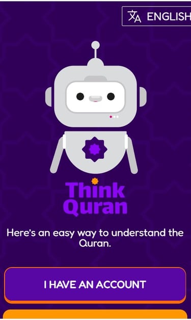 Think Quran app interface featuring a friendly robot mascot to help users understand the Quran easily.
