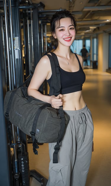 Smiling girl slung across a high-end gym bag