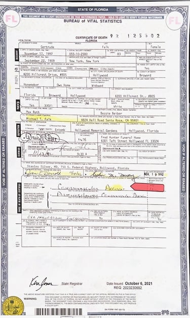 Michael Falk reporting the Death of Gertrude Falk is suspicious in Broward County Florida