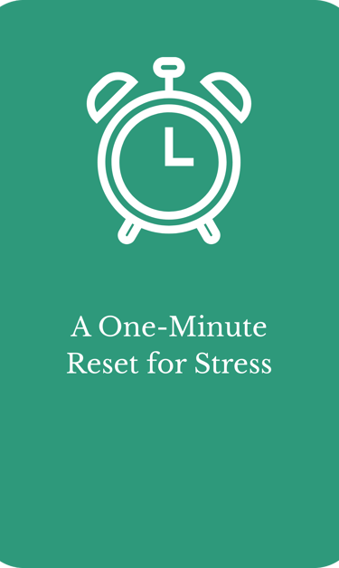 White alarm clock icon on a green background for a one-minute stress relief reset.