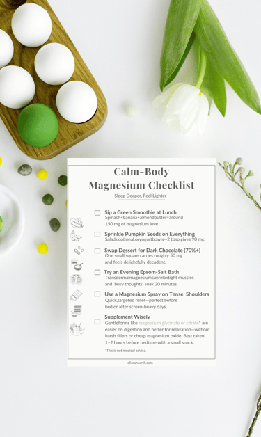 Calm-body magnesium checklist mock-up with soft floral background, featuring white flowers, green fl
