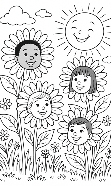 Coloring page of flowers with children's faces in the center.