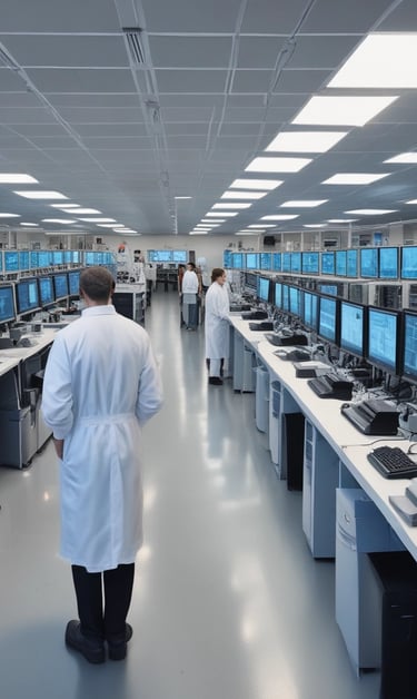 An elegant workspace blending advanced technology with calming natural elements in black and gold tones.