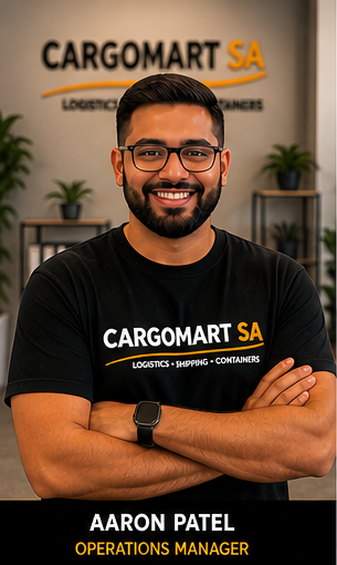 Aaron Patel, Operations Manager at Cargomart SA, smiling in a branded logistics t-shirt.