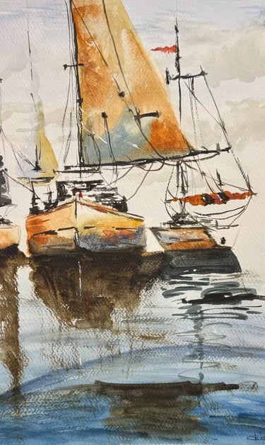a painting of a group of sailboats in the water