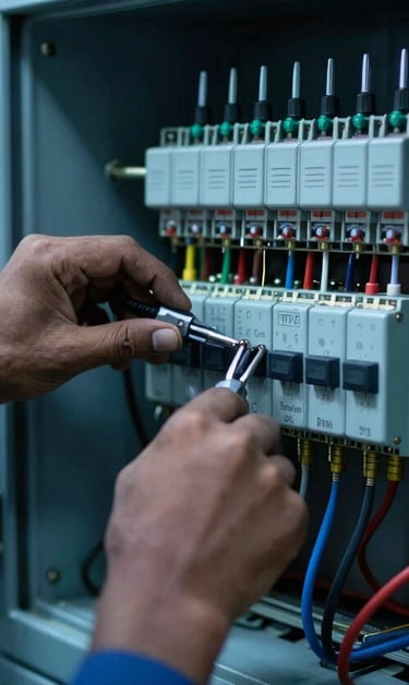 A close-up of a South Asian / Indian technician's hands and tools as they work on a complex electrical panel at a power station like NTPC. The scene is dominated by deep midnight blue and muted ocean blue, suggesting high-tech reliability. Professional industrial photography with a shallow depth of field.