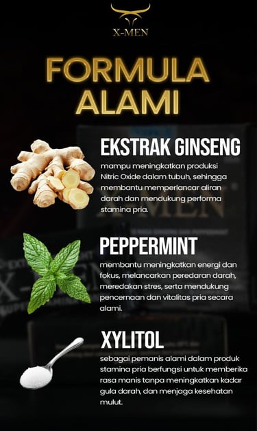 bahan utama permen xmen atau permen x-men yang mengandung ekstrak ginseng untuk stamina, peppermint 