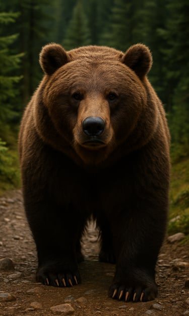 Large grizzly bear standing on forest trail, symbolizing wildlife safety awareness and predator encounters in wilderness surv