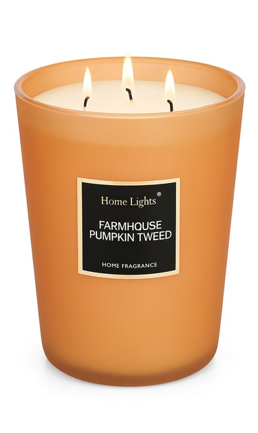 Orange wax candle in glass jar, labeled Pumpkin Spice.