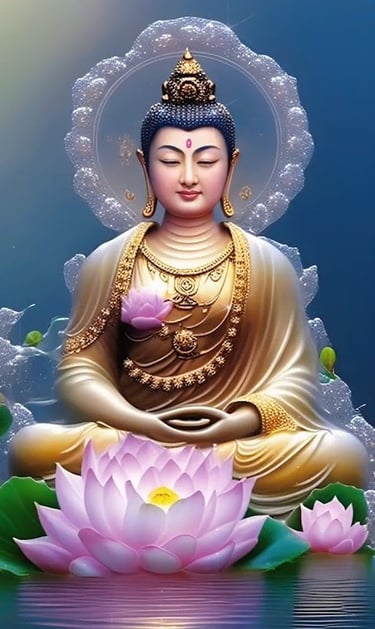 a buddha statue sitting on a lotus flower