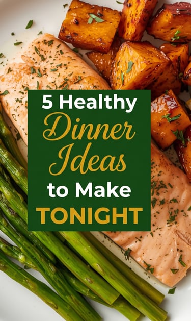 Baked salmon fillet with roasted sweet potatoes and asparagus, a healthy dinner idea.
