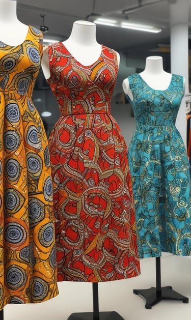A smiling individual wearing traditional clothing, including a headwrap and an off-shoulder dress accented with lace. The person is accessorized with orange beads and is holding a decorated clutch. The background features a colorful, abstract-patterned fabric with leaves and geometric shapes.