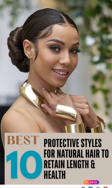 A woman wearing a sleek flat twist updo, accessorized with gold cuffs, smiling confidently at the camera.