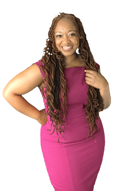 Shenell is pictured smiling in a plum colored career dress