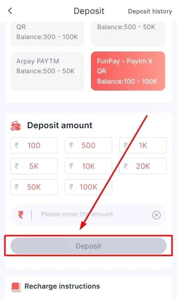 Screenshot of a mobile app deposit screen with payment options and a highlighted deposit button.