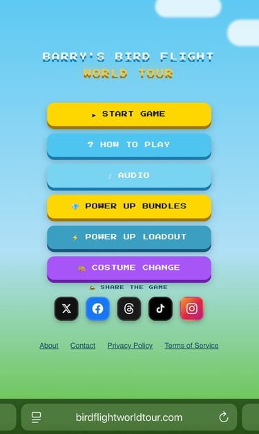 Barry's Bird Flight World Tour mobile game main menu with colorful pixel art buttons and social media icons.