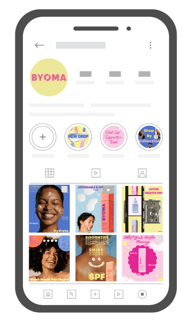 Byoma skincare Instagram profile mockup featuring a colorful grid of beauty products and models.