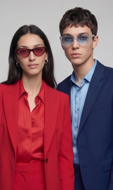 Models wearing stylish red and blue tailored suits with colorful tinted eyewear and sunglasses.
