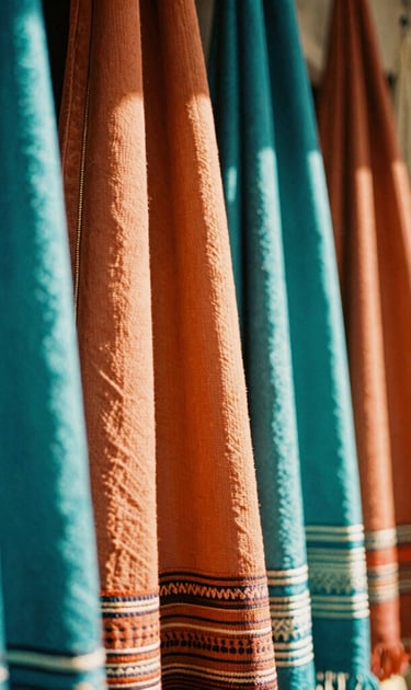 Vibrant close-up of sun-drenched Moroccan textiles hanging in a bustling market street, rich terracotta and teal colors, warm golden-hour light, 35mm film aesthetic.