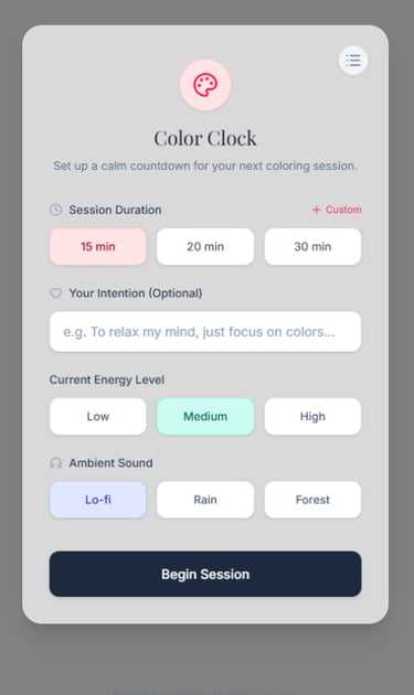 first screen of a web app called Color Clock, a meditative coloring timer for coloring enthusiasts