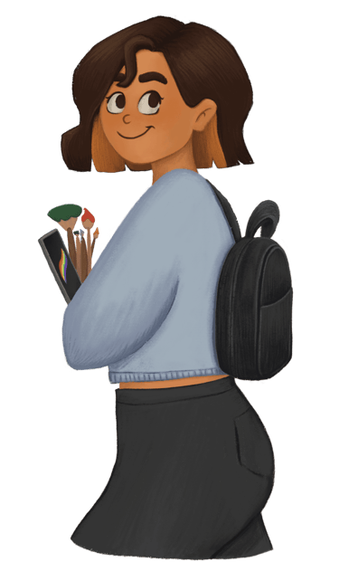 Cartoon character holding iPad and paint brushes