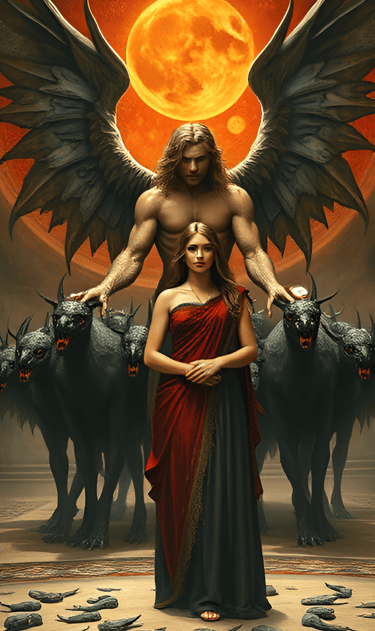 Fallen angel Samael with mortal woman and demon hounds
