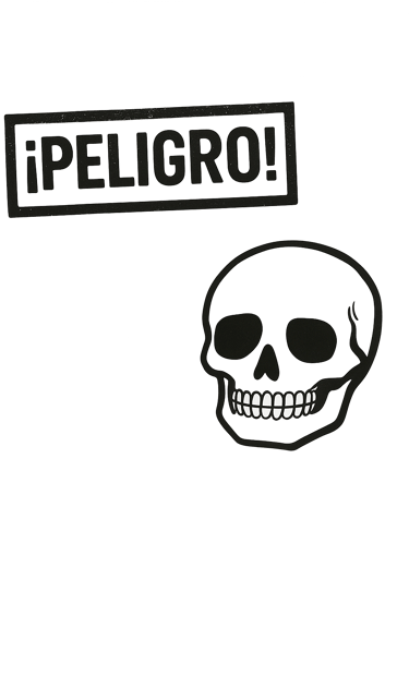 Icono de advertencia de la novela 'Cagada Pagada' con un sello de ¡PELIGRO! y una calavera, ilustran