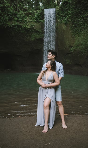 Intimate prewedding couple portrait at Tibumana Waterfall Bangli Bali
