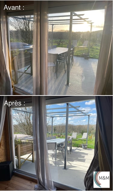 Avant après d'un nettoyage de vitres chez particuliers baie vitrée - m&m services pro rouen