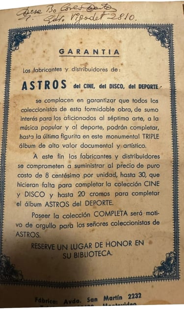 Disc Card Redemption Page from the 1961 Astros Del Deporte Sports Album