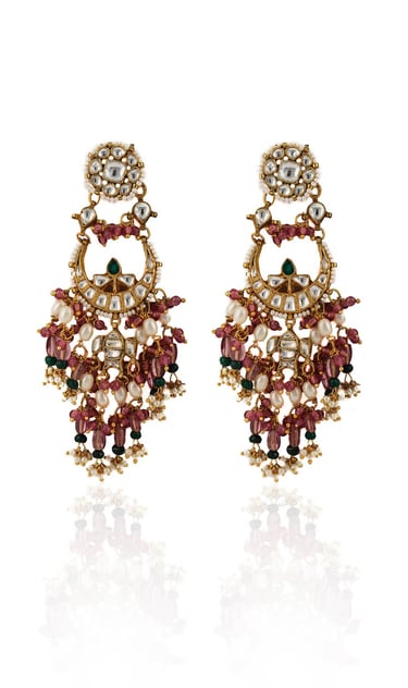Elegant gold kundan drop earrings featuring pink beads and white pearls for ethnic bridal wear.