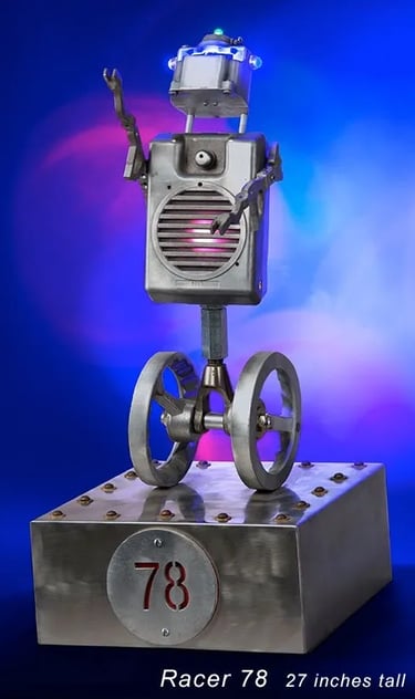 Found object robot sculpture named Racer 78 by Santa Barbara artist Tal Avitzur.