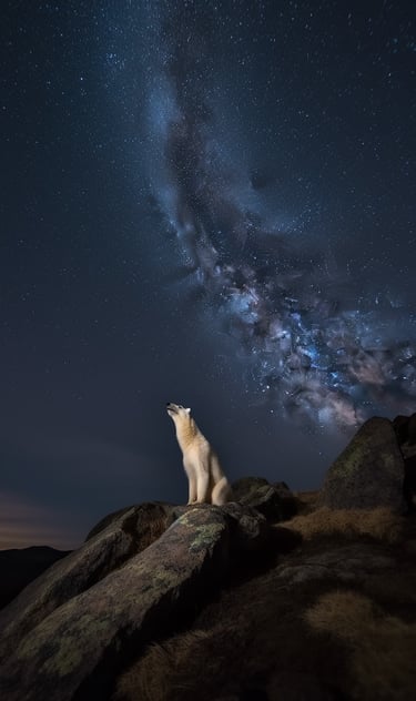 A polar bear standing on a rock night looking to the cosmos.