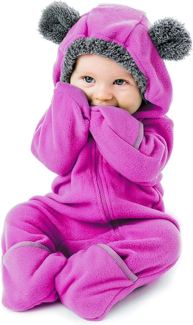 Baby fleece onsie with hood and ears.  Legs and sleeves roll to make mittens.