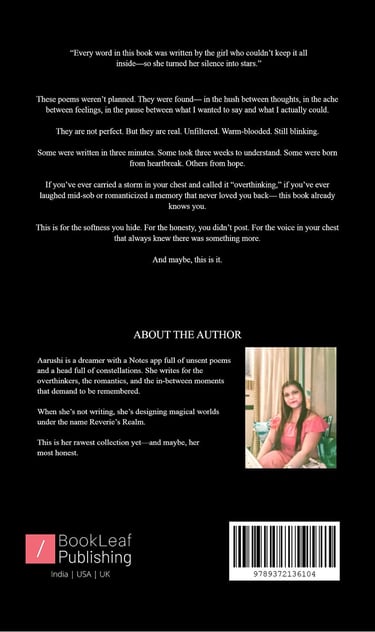 The back cover of the debut poetry book, "The Moon Doesn't Write Back" by the author, Aarushi Jain
