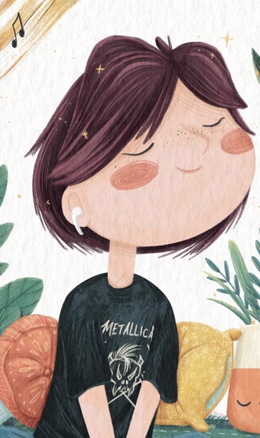 Illustrated self portrait of Sonya Hammond Mullins wearing Metallica shirt