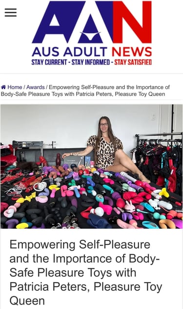 News article inthe Aus Adult News featuring Patricia Peters as the Self-Love and Pleasure Queen