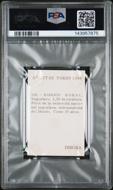 1964 Disgra Atletas Tokio No. 120 Radijov Korac Rookie Card Basketball HOF (back)