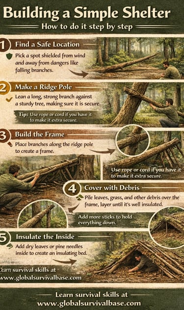 Step-by-step infographic on building a simple debris shelter for wilderness survival and bushcraft.