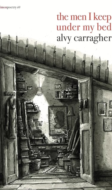 Book cover of The Men I Keep Under My Bed by Alvy Carragher, featuring a sketch of a cluttered room.