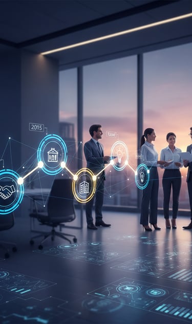 Linha do tempo digital da empresa com marcos de 2010 a hoje. Executivos discutindo o futuro.