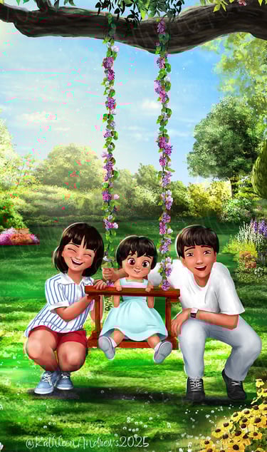Garden Swing three joyful children illustration artwork children's book sunny garden