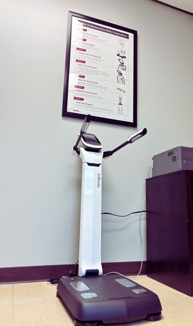 In-body machine with chart on the wall and printer on the side cabinet