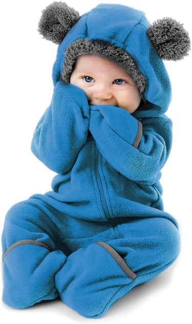 Baby fleece onsie with hood and ears.  Legs and sleeves roll to make mittens.