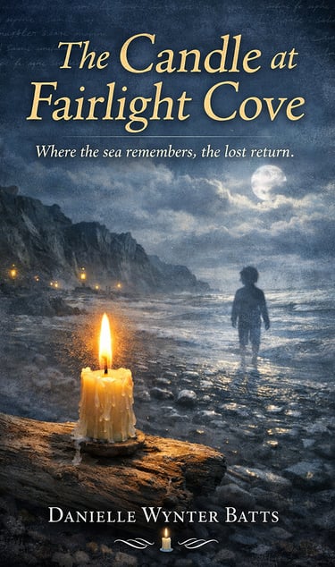 Moonlit coastal scene with a child facing the sea and a glowing candle on the shore