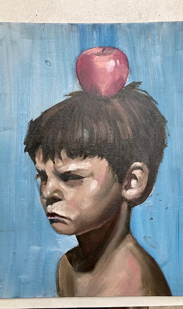 Retrato figurativo al óleo sobre lienzo, con pinceladas sueltas y expresivas que capturan emociones 