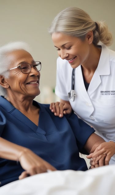 A caring staff member assisting a senior.