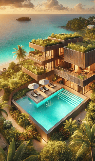 Vue aérienne d'un complexe hôtelier haut de gamme niché dans un jardin tropical luxuriant avec piscine, construit en bois dur