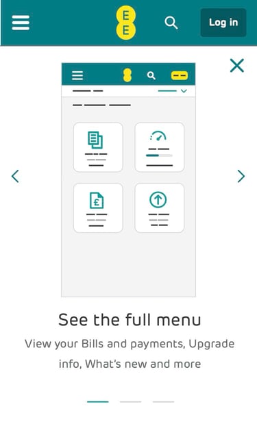 UI design showing an illustration of the MyEE app with four tiles being displayed.