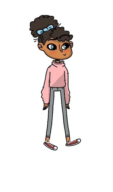 a cartoonish girl with a pink sweater and jeans. Diane Mulolo Faida